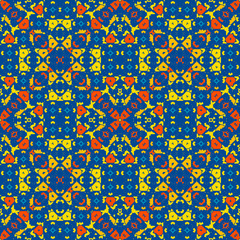 Moroccan tile - seamless pattern. Bright colored onament on blue background. For printing on wallpaper, paper, membrane, fabric, etc.