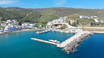 Fototapeta na wymiar Aerial drone photo from picturesque seaside fishing village of Loutra famous of hot springs in island of Kythnos at spring, Cyclades, Greece