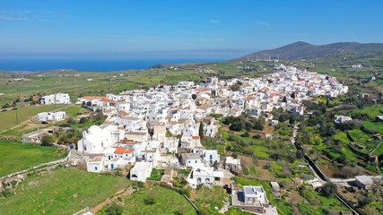 Fototapeta na wymiar Aerial drone photo of beautiful and picturesque main village of Kythnos or Kithnos island at spring, Cyclades, Greece