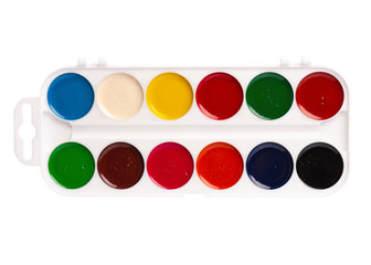 Set of different Watercolor Paint in white box, isolated on white background.