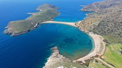 Fototapeta na wymiar Aerial drone panoramic photo of iconic two sided sandy tropical turquoise sea paradise beach of Kolones near Fykiada in island of Kythnos at spring, Cyclades, Greece