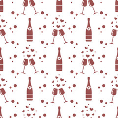 Seamless holiday pattern. Hearts, glasses, bottle