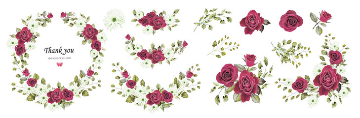 Flower wreath with leaves and flowers . Watercolor design. Set: maroon roses, white daisies, leaves, flower arrangements, wildflowers, bouquet. Background for save the dates.