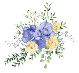 watercolor drawing of a branch with leaves and flowers. Botanical illustrations. Composition of roses and wild herbs. Blue and peach roses.