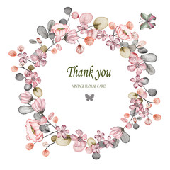 A wreath of leaves and flowers. The design of the invitation. Background for save the dates. Romantic pink flowers . Designer card.