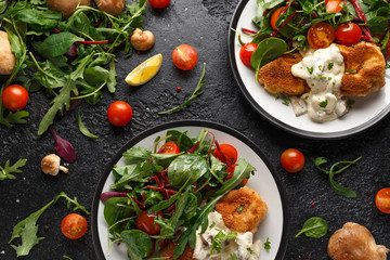 Chicken steak in Breadcrumbs with mushrooms and vegetables