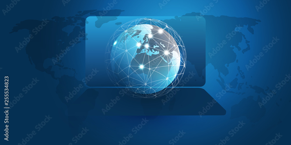 Poster global networks design with earth globe and laptop - vector template for your business