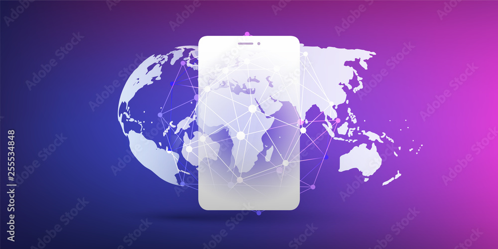 Poster global networks design with network mesh, earth globe and smartphone silhouette - vector template fo