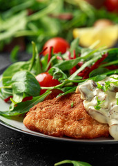 Chicken steak in Breadcrumbs with mushrooms and vegetables