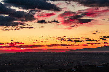 Colorful sunset in the italian vineyards