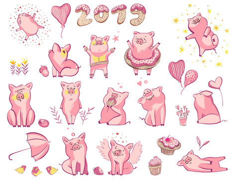 Cute pig with creative 2019 New Year lettering. Symbol of the year in the Chinese calendar. Watercolor illustration for postcard.