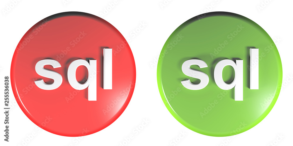Poster sql red and green circle push buttons - 3d rendering illustration