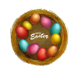 Happy Easter Holiday with colored egg in the basket. Design for greeting card, party invitation etc.