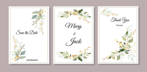 Fototapeta na wymiar Set of cards with green and gold leaves. Decorative invitation to the holiday. Wedding, birthday. Universal card. Template for text. Vector illustration.