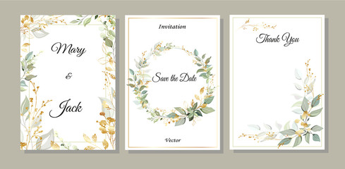 Set of cards with green and gold leaves. Decorative invitation to the holiday. Wedding, birthday. Universal card. Template for text.  Vector illustration. - 255537436