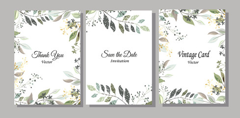 Set of cards with gold and green leaves, wild herbs. Decorative invitation to the holiday. Wedding, birthday. Universal card. Template for text.  Vector illustration. - 255537656