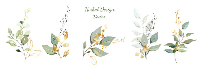 Twigs with gold and green leaves. Set: leaves, herbs, composition of gold and decorative elements.  Vector. - 255538058