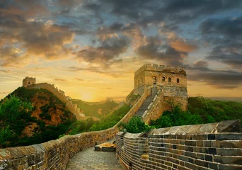 Photo sur Plexiglas Mur chinois Coucher de soleil sur la grande muraille de Chine, Jinshanling