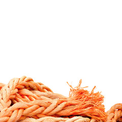 Orange ship rope isolated on white background. Nylon thread macro