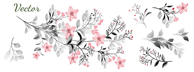 Romantic blooming twig. Set: graphic pink flower, twigs, bouquets, gray leaves . Vector invitation design. For greeting cards.