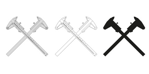 Set of crossed calipers in different styles. Calipers silhouette. Vector illustration.