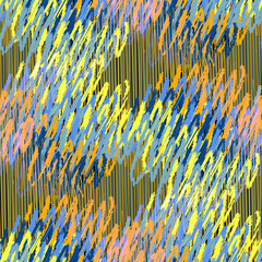 Seamless pattern patchwork design. Chaotic print with scribble and tweed tiles. Watercolor effect. Suitable for bed linen, leggings, shorts and fashion industry.
