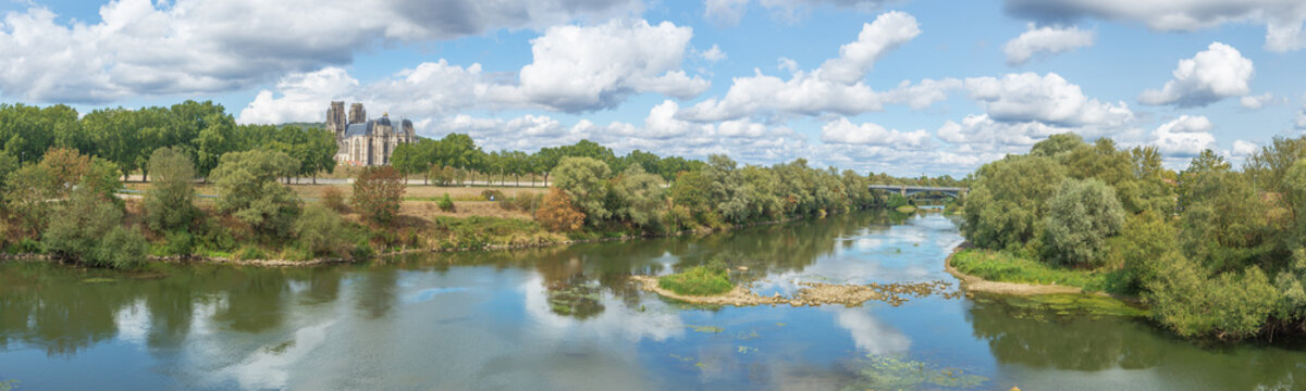 Panorama of the Cathedral of Toul with the Moselle seen from the bridge over the river