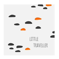 Abstract doodle with black and orange elements, lettering quote little traveller.