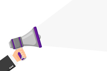 Man holding megaphone in hand, vector illustration in flat design