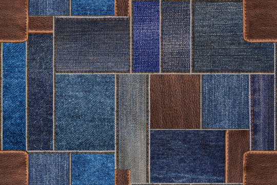 Seamless blue denim jeans patchwork with leather texture. Seamless pattern texture background