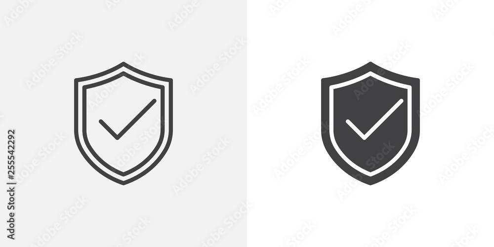 Poster security shield protected icon. line and glyph version, outline and filled vector sign. shield with 