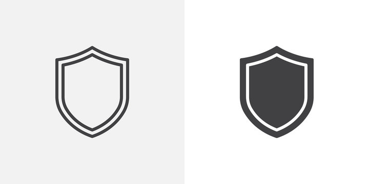 Shield, guard icon. line and glyph version, outline and filled vector sign. Security shield protection linear and full pictogram. Defense symbol, logo illustration. Different style icons set