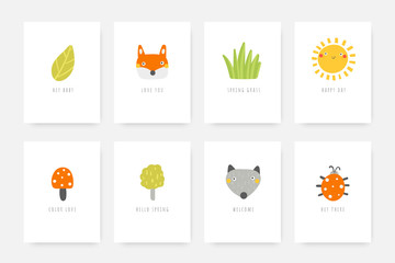 Cards, postcards, tags, covers with animals, fox, wolf, mushroom, tree, lady bird, grass, leaf, sun character.