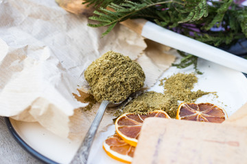 Dry coriander powder. Asian, Turkish, Indian, Georgian traditional spice made from cilantro or fresh coriander seeds.