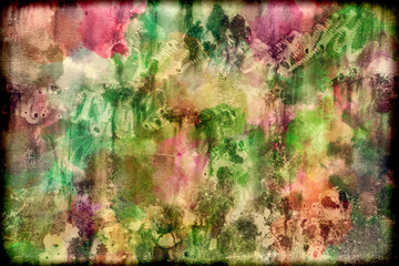 Watercolor multi colored texture effect background of pink, blue red green purple yellow colors with a black blended border