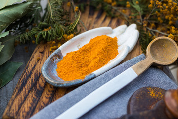 Imeretian saffron or marigold (tagetes) - herbal tradition yellow aromatic spice from Georgia,...