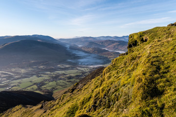 A view of valley below Blencathra toward Thirlmere and Derwent Water, Lake District Cumbria