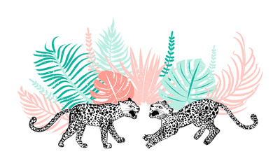 Composition with leopards and tropical leaves. Vector illustration for textile, postcard, invitation  poster  tattoo, and packaging. White background. © CoCoArt_Ua