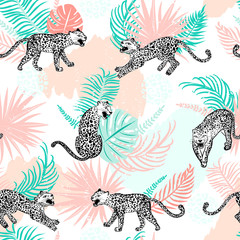 Leopard seamless pattern. Composition with leopards in different poses. Abstract brush strokes and tropical leaves. Vector illustration for textile, postcard, fabric, wrapping paper and packaging.
