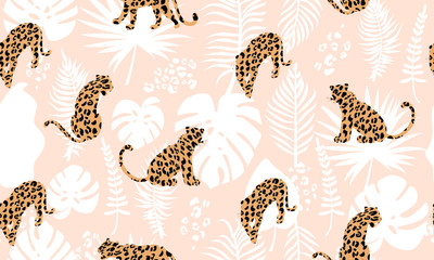Trendy seamless exotic pattern. Composition with abstract silhouettes of leopards, tropical leaves and textures. Vector illustration for textile, postcard, wrapping paper, background, and packaging. © CoCoArt_Ua