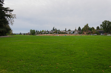 Meadow and city block next to Marina Bay, Kirkland, WA, USA