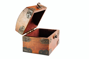 Open wooden box on a white background for storing various jewelry, money, coins, jewelry