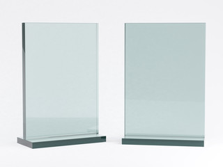 Glass stand for booklets on white background. Mockup. 3D