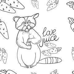 Vector illustration, seamless pattern, linear black and white element drawing, funny cartoon raccoon and carrot