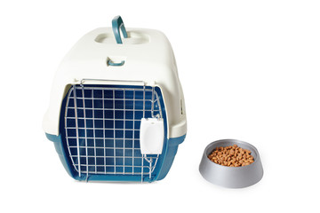 Plastic carrier and food bowl for dogs and cats isolated on white. Diet and proper nutrition of Pets concept