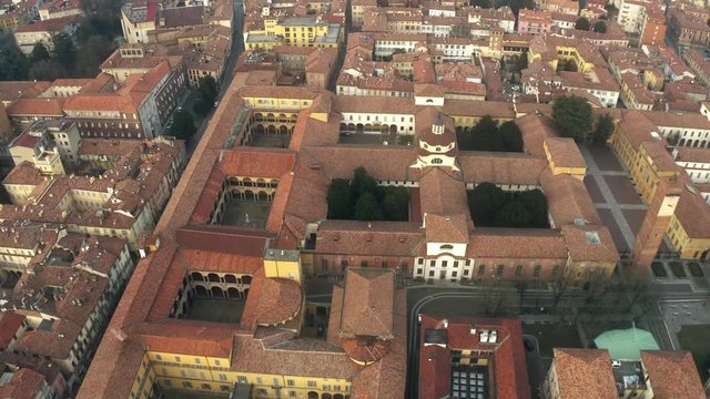 Aerial view of old houses and streets in Pavia, Italy