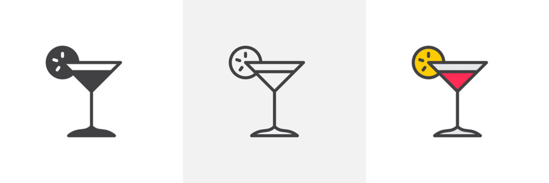 Margarita cocktail icon. Line, glyph and filled outline colorful version, Cocktail glass with lemon slice outline and filled vector sign. Bar symbol, logo illustration. Different style icons set. 