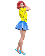 Long-haired brunette woman short summer blue denim skirt.Yellow light transparent mesh blouse.Beautiful girl standing sexually pose.3D rendering isolate illustration.Spring-summer clothes collection