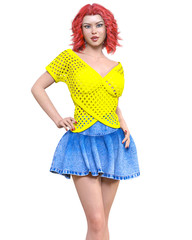 Long-haired brunette woman short summer blue denim skirt.Yellow light transparent mesh blouse.Beautiful girl standing sexually pose.3D rendering isolate illustration.Spring-summer clothes collection