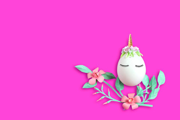 Handmade cute unicorn made of egg. Easter concept
